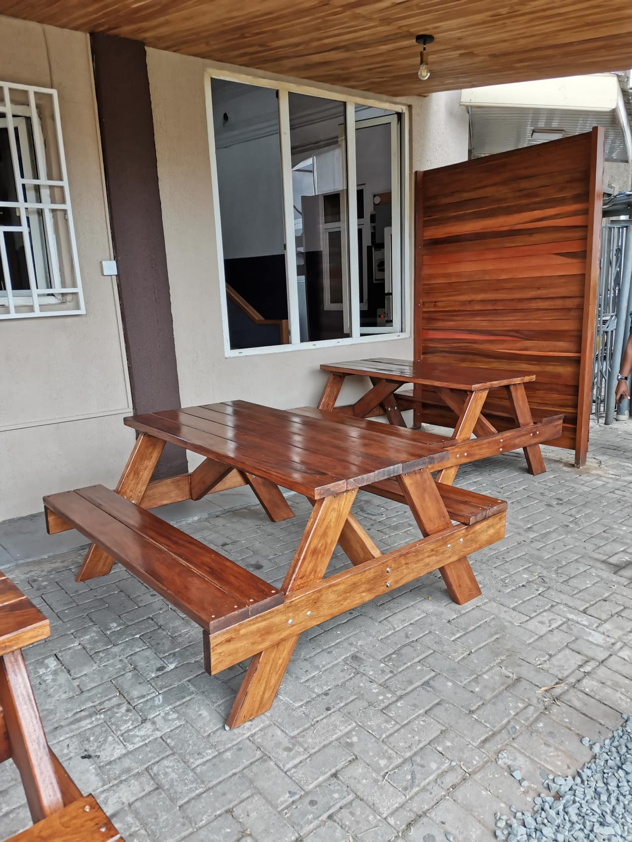 Solid wood A-frame picnic table and benches, Accra