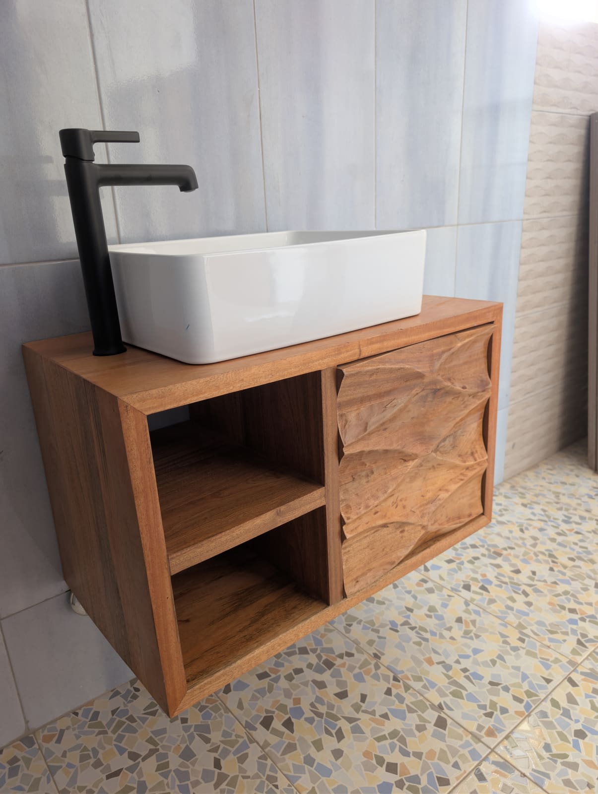Master Khaya vanity, angled view — carved doors, Spintex, Accra