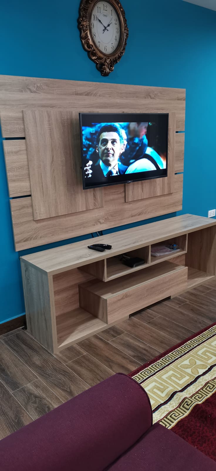 Panelled feature wall before the TV is mounted